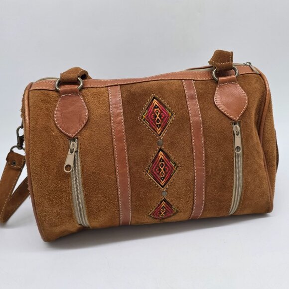 Handbags - Vintage Brown Suede Satchel Embroidered Details & Multiple Zipper Pockets
